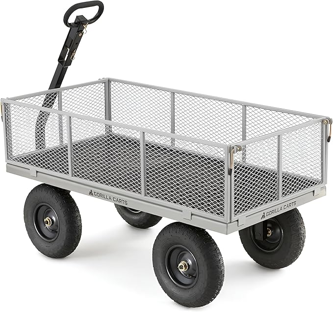 Gorilla Carts Steel Utility Garden Cart, 1,000-Pound Capacity, Gray - Heavy-Duty Outdoor Wagon with Removable Sides, 13-Inch Pneumatic Tires, and Convertible Pull or Tow Handle