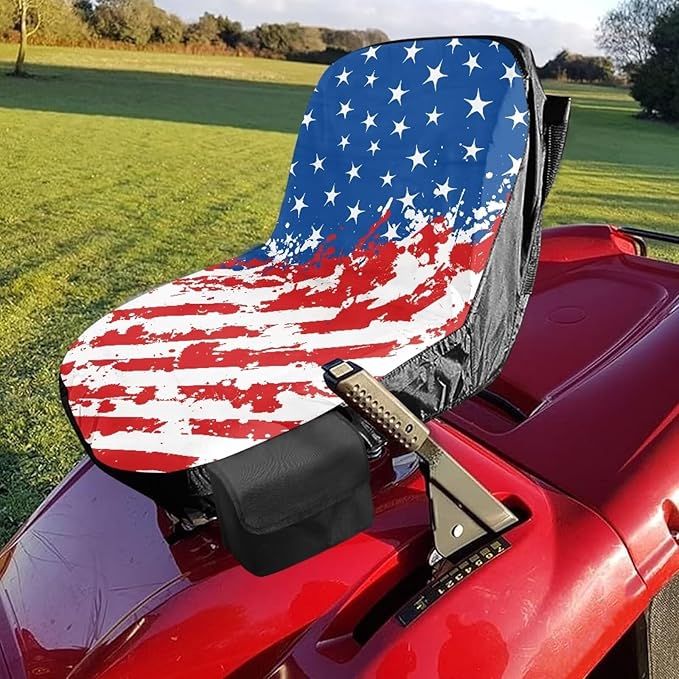 American Flag Tractor Seat Cover with Drink Pouch Breathable Lawn Tractor Seat Cover Compatible with Craftsman Cub Cadet Kubota