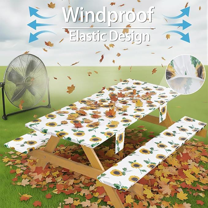 Fitted Waterproof Picnic Table Cover with Bench Covers Heavy Duty Elastic Outdoor Camping Tablecloth for 6 Foot Rectangle Tables Summer Rv Accessories Patio Garden Road Trip Essentials Gifts