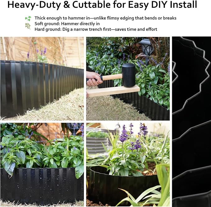 A ANLEOLIFE 40FT Galvanized Steel Landscape Edging Roll, 8" Tall Sturdy Flexible Corrugated Metal Lawn Border for Garden, Pathway & Flower Beds, Black