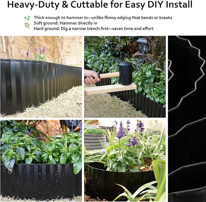 A ANLEOLIFE 20FT Galvanized Steel Landscape Edging Roll, 6" Tall Sturdy Flexible Corrugated Metal Lawn Border for Garden, Pathway & Flower Beds, Black