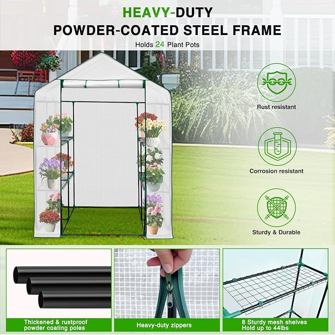 Yesker Greenhouse 57.5"x57"x77" Walk in Green House - Large Outdoor/Indoor Greenhouses with 8 Shelves Waterproof PE Cover & Windows, Portable Greenhouse Kit for Winter Backyard Gardening Patio, White