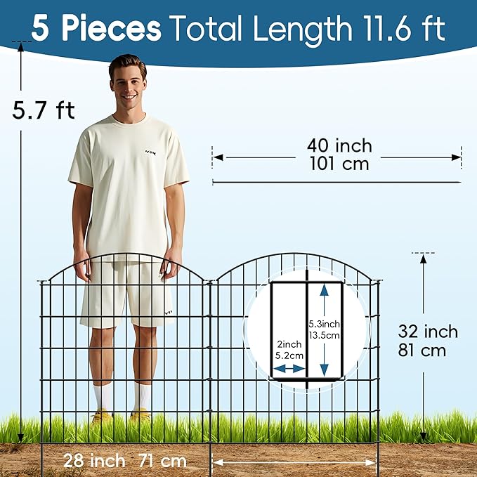 Thealyn Metal Garden Fence 32 inch H x 28 inch W (5 Panels, Total Length 11.6 ft) No Need Dig Rustproof Animal Barrier Fencing Border Fence for Dog, Patio,Yard, Landscape, Flower Bed