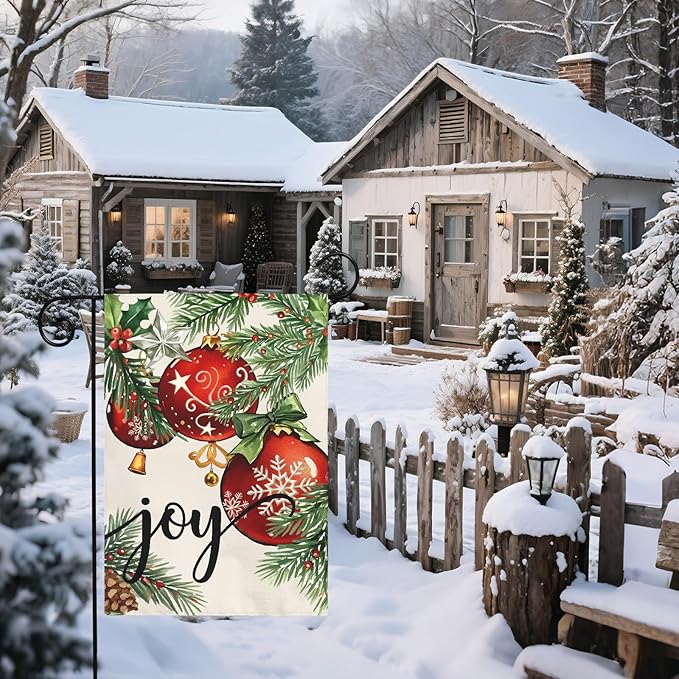 Christmas Garden Flag 12x18 Inch Green Leaves Red Xmas Ball Joy Holiday Winter Decorative Yard Flags for Outside Double Sided Seasonal Outdoor Home Farmhouse Decoration Porch New Year Decor