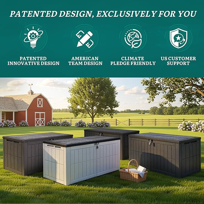 YITAHOME 110 Gallon Outdoor Deck Box, Waterproof Resin Storage Box with Lock, Lockable Patio Furniture Bin, 2-Person Bench Seating for Outdoor Cushions, Garden Tools & Sports/Pool Supplies, Black