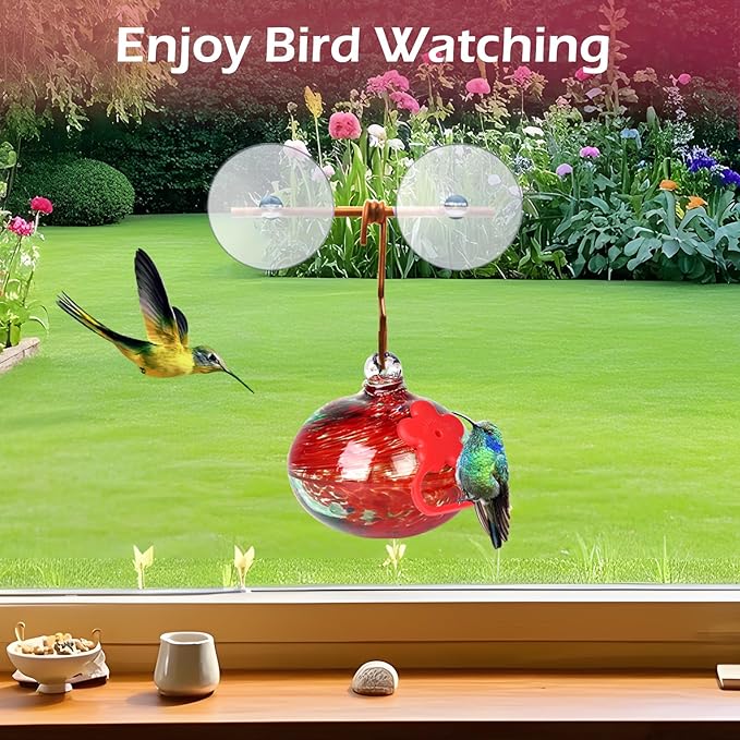 Window Hummingbird Feeder with Suction Cups,Hand-Blown Glass Hummingbird Feeders for Outdoors Window Mounted with Metal Hook,Close Bird Watching,Finch in Garden,Yard(Red)