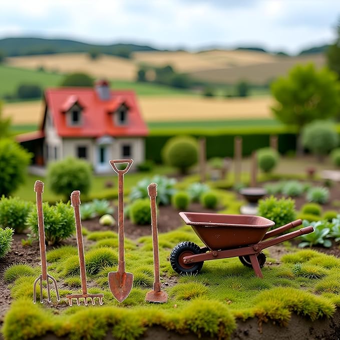 4 Pcs/Set Miniature Dollhouse Garden Tools 1:12 Mini Rusty Shovel Hoe and Pitchfork Fairy Garden Accessories Furniture Ornaments Micro Landscape Decor Garden Sculptures Statues(ZS358)