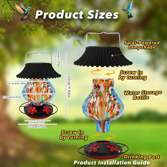Solar Hummingbird Feeder-5 Feeding Ports with Perch, Hand Blown Glass Blue Spark Color Changing-Never Leak, Multicolor Night Lights – Perfect Hummingbird Feeder for Outdoors for Nature Enthusiasts