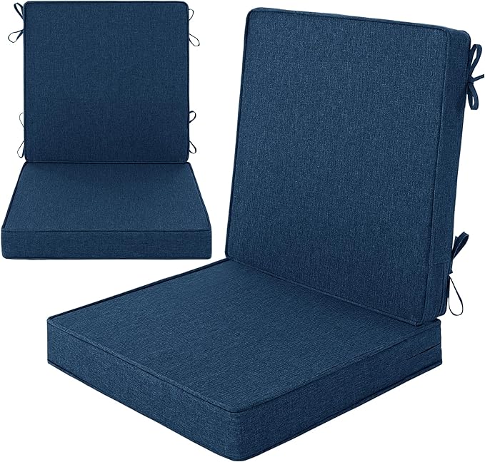 Outdoor Chair Cushions, Water-Resistant & Fade-Resistant, Patio Furniture Lawn Dining Chair Seat Replacement with Mid Back, Ties Zipper, Removable Cover, 18 x 16.5 Inch, Set of 2, Navy Blue