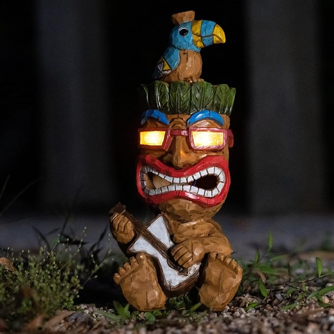 Solar Tiki Garden Statue Outdoor Decor - Tiki Bar Decorations 11.69 inch Tall for Outdoor Patio, Balcony, Yard, Backyard,Lawn,Tiki Gifts