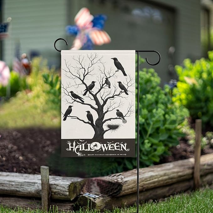 Halloween Black Raven House Flag 28x40 Inch Double Sided Outside Witch Bat Spooky Seasonal Yard Outdoor Flag Banner for Garden Lawn Patio Holiday Decorations