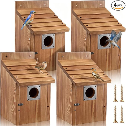 Dreyoo 4 Pack Bluebird Houses for Outside with Metal Predator Guard, 1-1/2" Entrance Hole Wooden Blue Bird Houses for Outdoors, Bluebird Nesting Box(Burnt Wood)