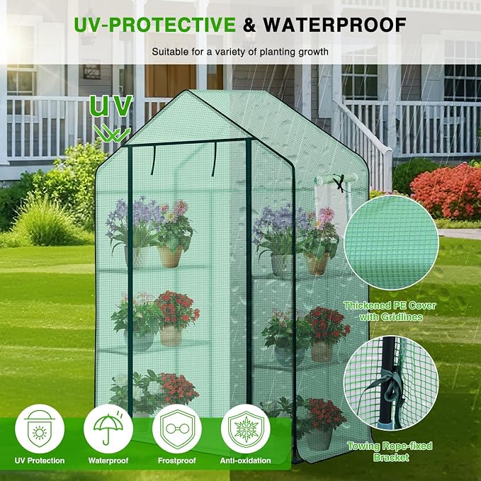Yesker Greenhouse 57"x29"x77" Walk in Green House - Large Outdoor/Indoor Greenhouses with 4 Shelves Waterproof PE Cover & Windows, Portable Greenhouse Kit for Winter Backyard Gardening Patio, Green