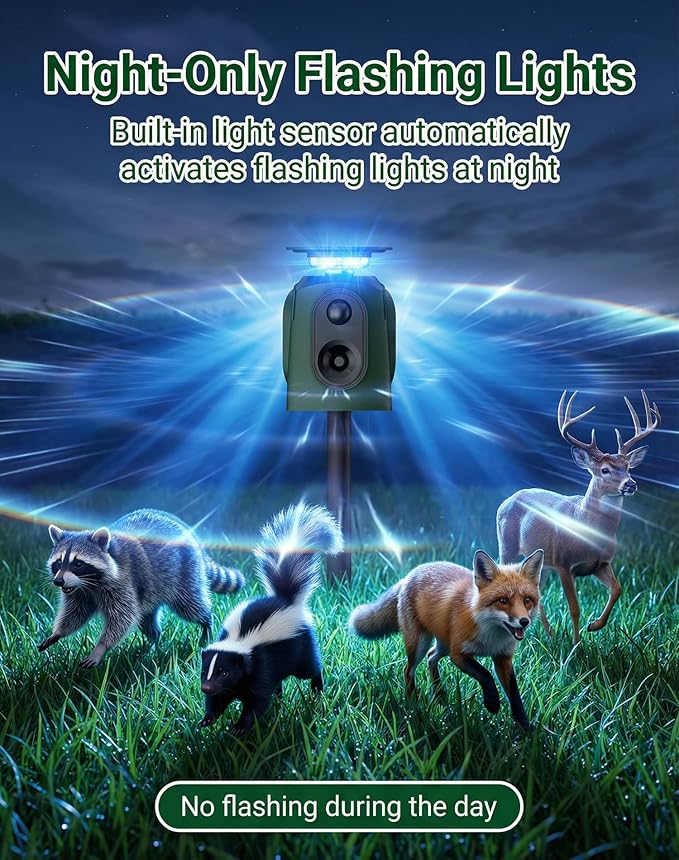 360° Solar Ultrasonic Animal Repeller Outdoor, Motion Activated Deer Repellent Devices with Flashing Lights, Waterproof Cat Repellent Outdoor for Yard, Repel Dog, Raccoon, Coyote, Skunk & More