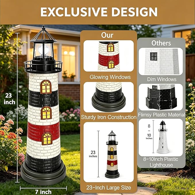 Garden Statues 23" Coastal Solar Lighthouse Garden Decor Waterproof Solar Lights Outdoor Decorative Beach Pool Patio Lawn Yard Decorations, Unique Housewarming Gift Garden Gifts for Family Friends