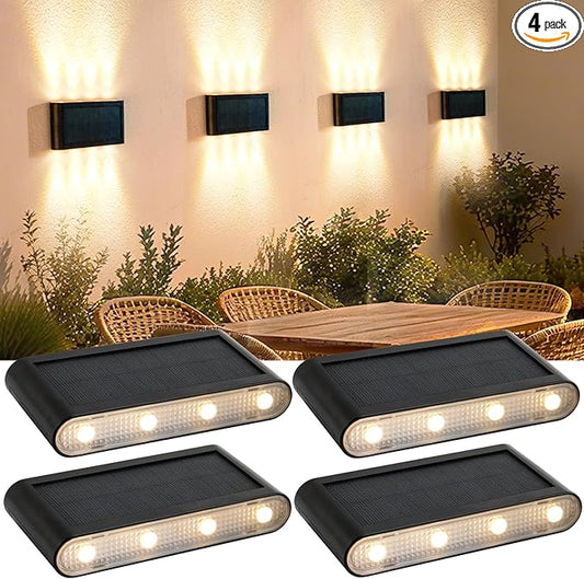 Solar Wall Lights Outdoor, 3000K Warm White, Waterproof, Stylish Mordern Lights, Bright Solar Up and Down Wall Sconce Lighting with 8 LED for Exterior, Porch, Patio, Fence, Garage (4PK)