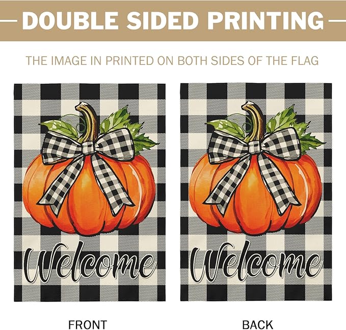 Fall Pumpkin House Flag 28x40 Inch Welcome Autumn Harvest Theme Thanksgiving Buffalo Plaid Decorative Yard Flags for Outside Double Sided Outdoor Home Farmhouse Decoration Porch Decor