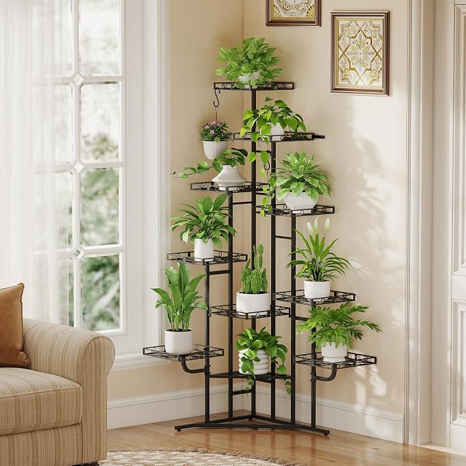 Quikraen 58" Tall Plant Stand Indoor, 10-Tier, Black | Corner Flower Stand Outdoor Metal Plant Stand
