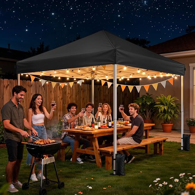 Driftalia 10x10 Pop Up Canopy Tent, Instant Setup Portable Canopy with Carry Bag, 4 Sandbags and 8 Stakes for Outdoor Events, Parties & Camping - Black