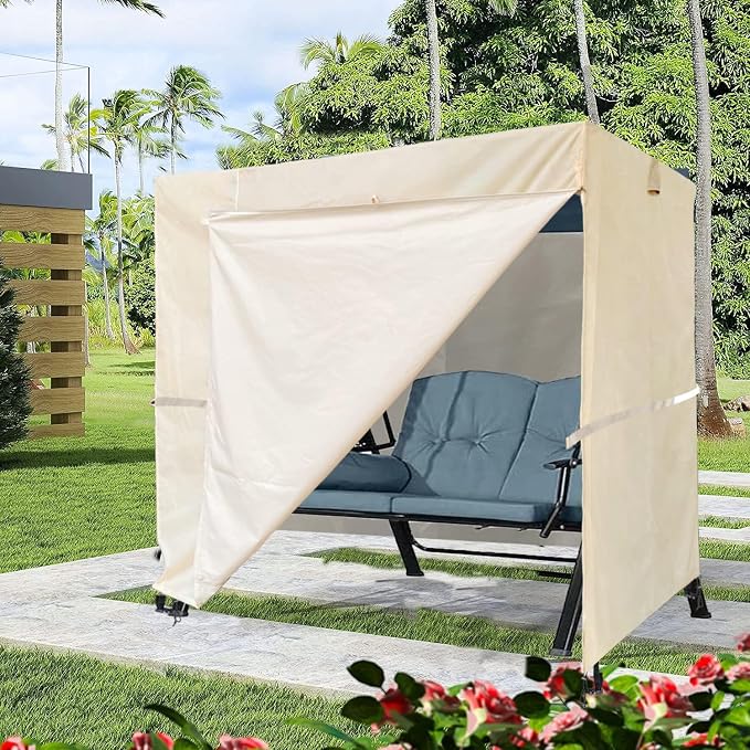 Outdoor Swing Cover 3 Triple Seater Hammock Cover Garden Swing Cover Garden Hammock Glider Chair Cover Patio Furniture Cover UV Resistant Swing Canopy Cover All Weather Protection(82*49*67inch)Beige