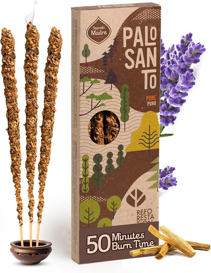 Sagrada Madre 4pcs Wildly Harvested Palo Santo Incense Sticks, 6.7” Long - Pure, Non-Toxic, Aromatic Incense Sticks (50 min Approx. Burning Time) to Heal & Calm Your Body and Environment