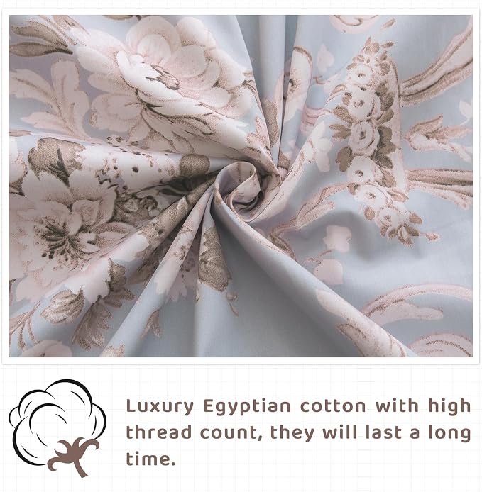 QSH Floral King Size Sheet Sets - 100% Egyptian Cotton Floral Bedding Sheets Blue Vintage Paisley Flower Pattern Printed Bedding King Size Bed Sheets 17.5" Extra Deep Pocket 4pcs