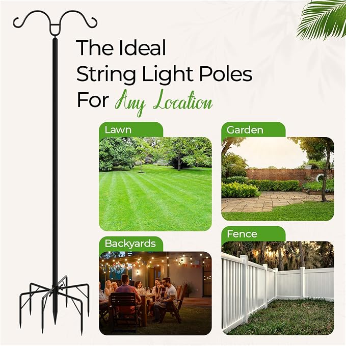Idzo Heavy Duty String Light Poles for Outside with 2 Optional Hooks and Fence Brackets for Deck, Hold upto 15 Lbs String, 7-Prong