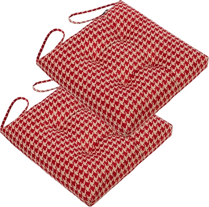 2-Pack Outdoor/Indoor Wicker Patio Seat Cushion Pad with Ties - Dining Chair Cushion, 17" x 17" (Red Houndstooth)