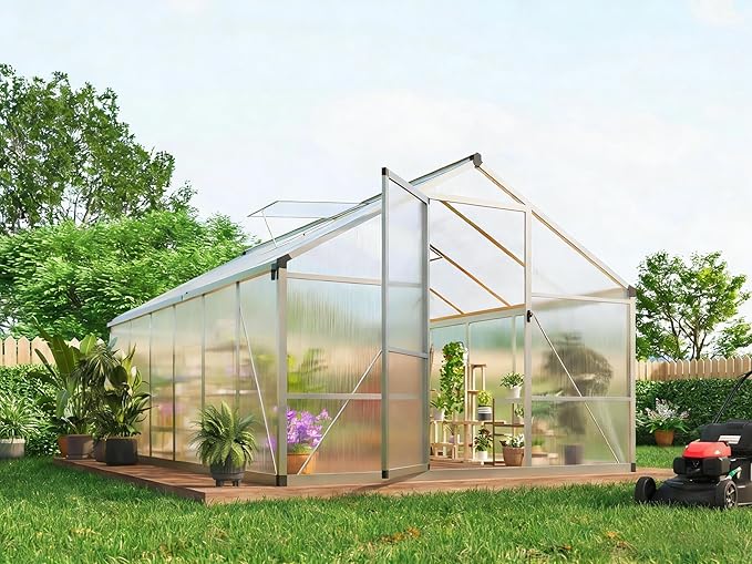 GarveeHome 8X12 FT Greenhouse for Outdoors, Walk-in Greenhouse Kit with Aluminum Frame, Polycarbonate Panels, Adjustable Roof Vent, Sliding Door, Secure Lock for Outside Garden, Patio, Backyard