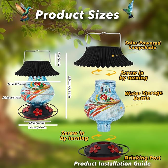 Solar Hummingbird Feeder-5 Feeding Ports with Perch, Hand Blown Glass Blue Tree Sea Color Changing-Never Leak, Multicolor Night Lights – Perfect Hummingbird Feeder for Outdoors for Nature Enthusiasts
