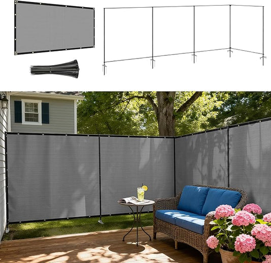 Windscreen4less Outdoor Privacy Fence Screen, 5'x129' Freestanding Privacy Fencing Set with Iron Poles and Ground Spikes, UV Resistant Mesh Cover Garden Pet Fencing for Backyard Patio Pool, Light Gray