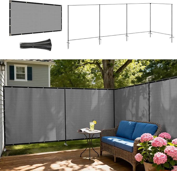 Windscreen4less Outdoor Privacy Fence Screen, 5'x142' Freestanding Privacy Fencing Set with Iron Poles and Ground Spikes, UV Resistant Mesh Cover Garden Pet Fencing for Backyard Patio Pool, Light Gray