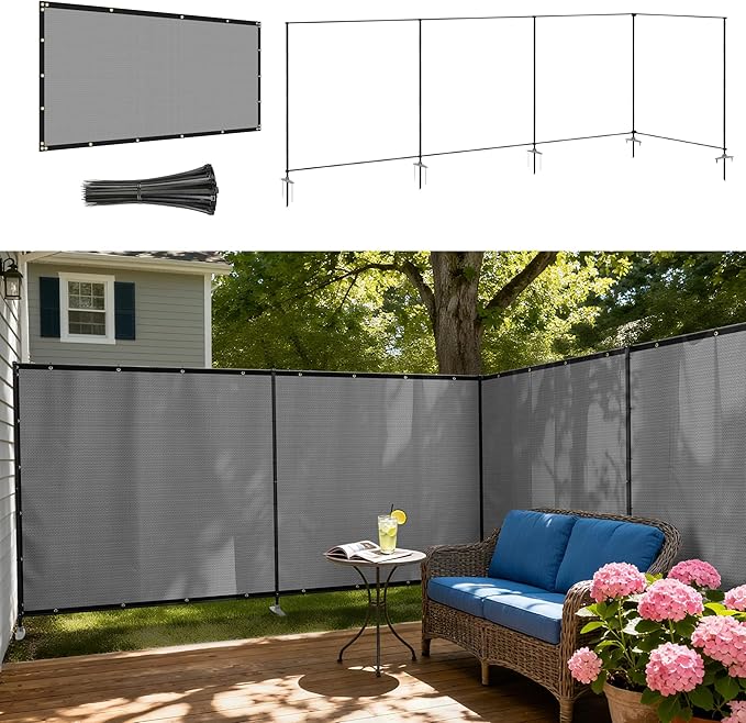 Windscreen4less Outdoor Privacy Fence Screen, 6'x75' Freestanding Privacy Fencing Set with Iron Poles and Ground Spikes, UV Resistant Mesh Cover Garden Pet Fencing for Backyard Patio Pool, Light Gray