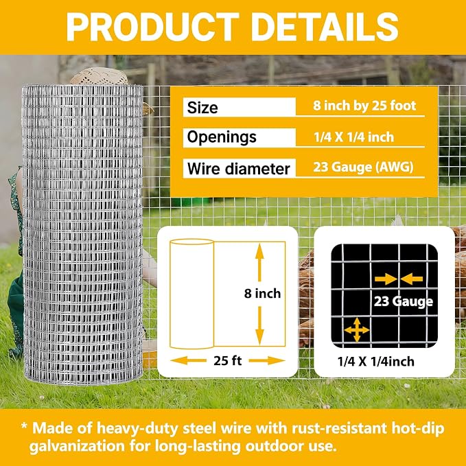 8in x 25ft Hardware Cloth Chicken Wire - 1/4 Inch 23 Gauge Hot Dipped Galvanized After Welding Welded Wire Mesh, Rust-Proof Fencing for Gardens, Chicken Coops & Poultry Netting