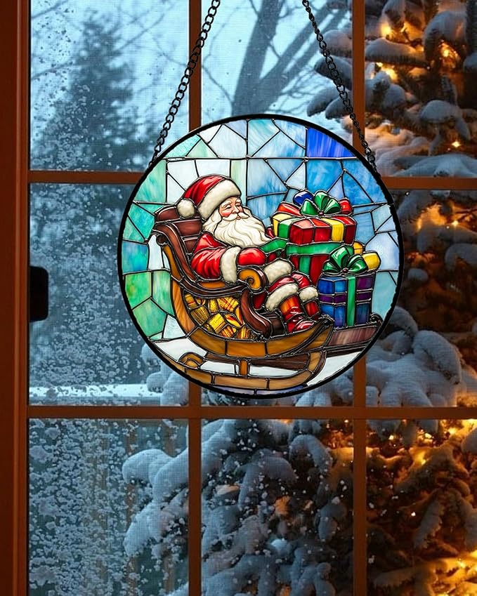 DASTOLL Stained Glass Window Hanging - Santa Claus Gift BoxSuncatcher for Doors Home Christmas Decoration Winter Sun Catcher Thanksgiving New Year Birthday Gift for Women Men Mom Nana 6.3 in