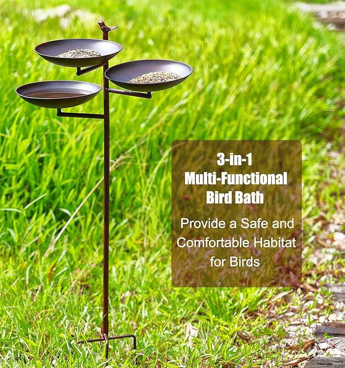 44" H Metal Bird Bath and Feeder for Outside, Standing Birdbaths with Cast Iron Bird, Vintage Birdfeeder for Outdoors with 4-Prong Stake Base for Garden Decor Yard Lawn, Red