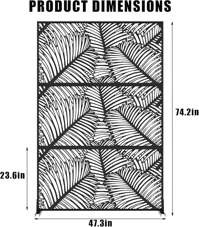 72" h × 47" w Outdoor Privacy Screen, Laser Cut Metal Garden Divider Panel with Tropical Leaf Design, Freestanding Weatherproof Privacy Fence for Patio Deck Backyard Balcony
