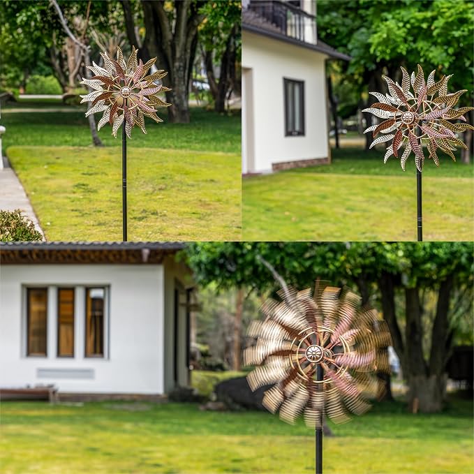 Large Wind Spinners Outdoor Metal, 360° Double-Layer Garden Wind Spinners Sculptures, 63" ×13.4", Kinetic Pinwheels for Yard and Garden Patio & Lawn (Blown)