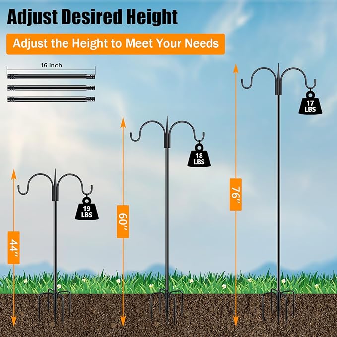 FEED GARDEN Heavy Duty Shepherds Hook 2 Pack 76" Double Hooks Adjustable (44/60/76") - Metal 5-Prong Base, 17lb Capacity - Easy Assembly Bird Feeder Pole for Hanging Planters, Lanterns, Wind Chimes