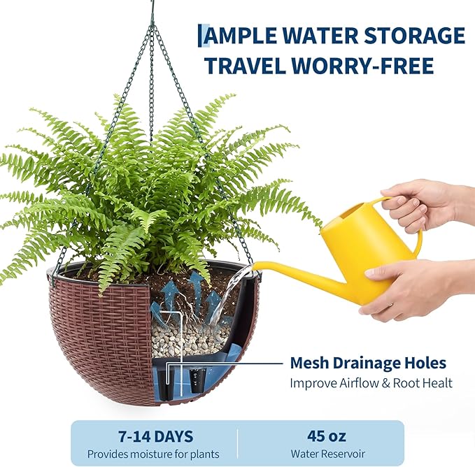 13.8 Inch Self Watering Hanging Planter, 2PCS Round Resin Hanging Basket for Indoor Outdoor Plants, Rattan Look Flower Pot with Drainage Plug, Deep Inner Pot and Sturdy Metal Triple-Chain Hanger
