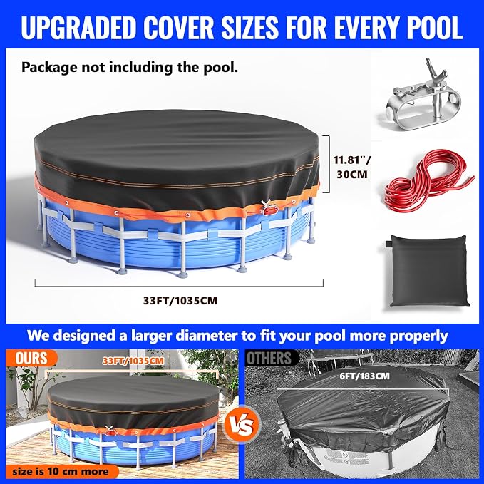 Round Pool Cover - Solar Covers for Above Ground Pools, Oxford Fabric Pool Covers for Above Ground Pools with Winch and Cable, Waterproof and Dustproof Swimming Pool Cover (Round Pool Cover, 33FT)