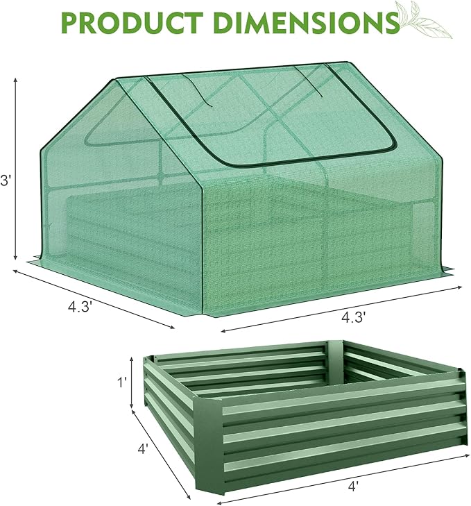 BPS Raised Garden Bed Set, 4x4x1 FT Metal Bottomless Flower Bed with PE Cover for Outdoor Planting, Green