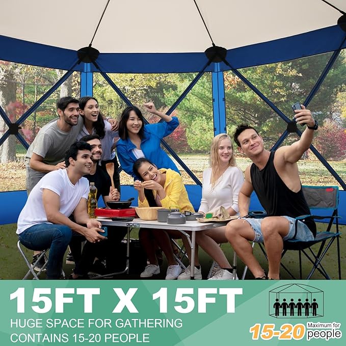 COBIZI 15x15 FT Pop Up Gazebo - Canopy Tent, Large Gazebos On Clearance,Instant Screened in Gazebo,carpas para Patio,Portable Screen Tents for 12-15 Persons Outdoor Camping, Backyard, Blue
