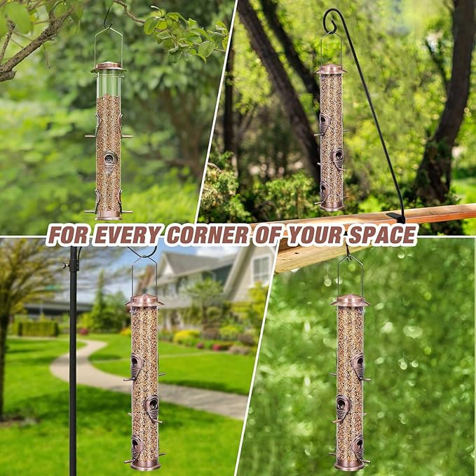 ERYTLLY Metal Bird Feeder for Wild Birds - 1.4mm Extra Thick Solid Transparent Tube With Steel Hanger, Squirrel Proof for Outside (Antique Copper-Metal 6 Feeding Ports)