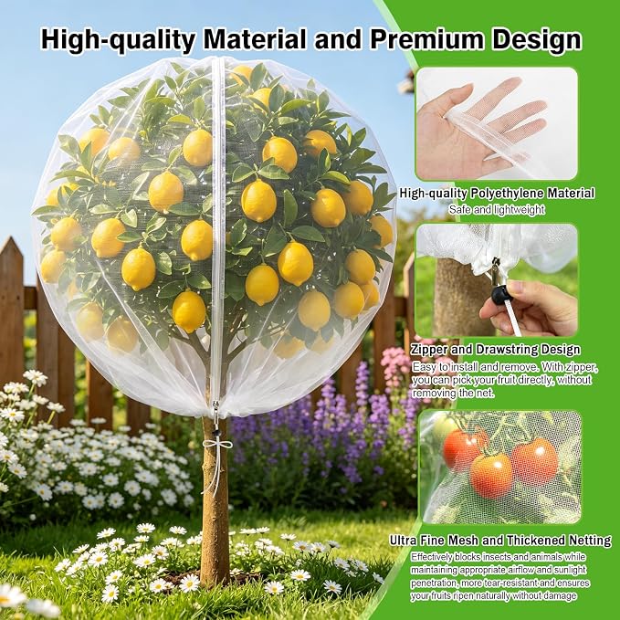 4PCS 4.6Ft × 5.9Ft Fruit Tree Netting with Zipper and Drawstring, 60 Mesh Thickened Garden Bird Netting for Blueberry Bushes, Fruits, Vegetables, Insect Bird Barrier Mesh Protective Cover