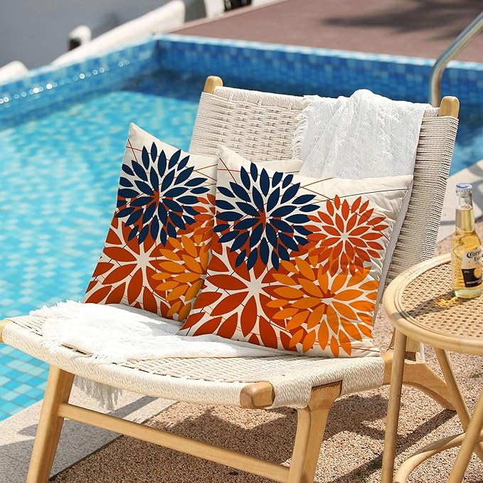 DFXSZ Outdoor Pillow Covers 16x16 Inch Set of 2 Blue Orange Flower Decorative Waterproof Summer Outdoor Pillow Covers Valentines Pillow Covers for Patio Funiture Garden Couch 168N16
