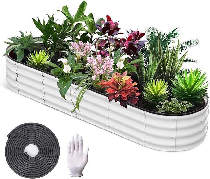 CABIHOME Garden Raised Garden Bed Kits, 8x2x1 ft Metal Raised Planter Bed, Open-Ended Base Garden Boxes Outdoor Galvanized Planter for Vegetables Flowers Rubber Edge, White