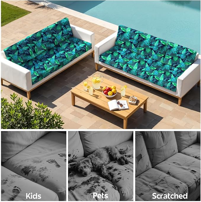 pickyNproud 12Pcs Patio Cushion Covers Stretch Outdoor Couch Cushions Slipcovers Replacement Washable Furniture Protector with Elastic Bottom Sofa Chair Seat Cover, Palm Leaves