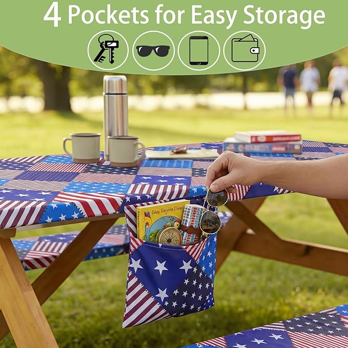 Fitted Waterproof Picnic Table Cover with Bench Covers Elastic 96×30Inch Weather Proof Non Slip Camping Table Clothes for 8Feet Rectangle Tables Campers Summer Fall Travel Hiking Tools Gifts