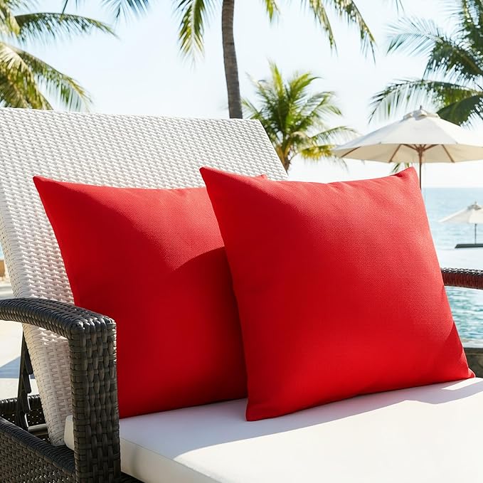 Lewondr Waterproof Outdoor Throw Pillow Cover, 2 Pack Solid PU Coating Throw Pillow Case UV Protection Garden Cushion Cover for Patio Sofa Couch Balcony 18"x18"(45x45cm), Red